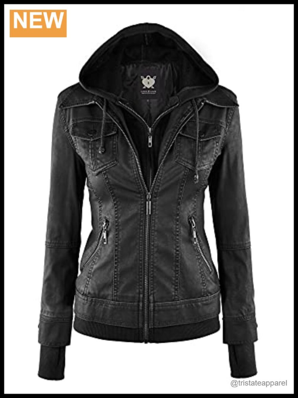 Faux Leather Moto Biker Jacket with Hood, Removable Hood Zip-Up Coat